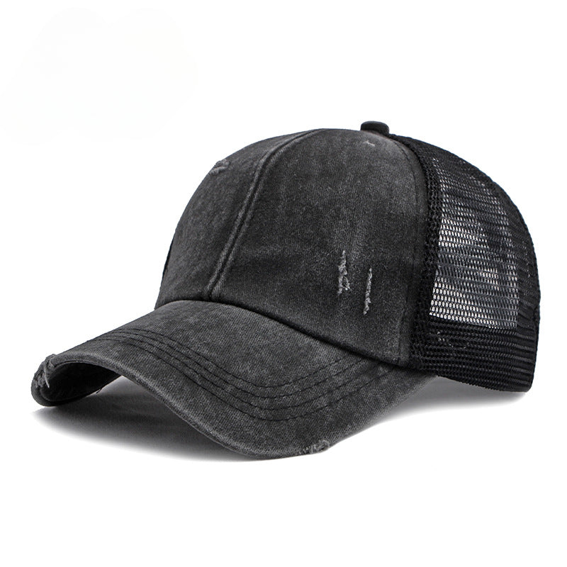 Wholesale Breathable Mesh Washed Distressed Crossover Ponytail Baseball Cap